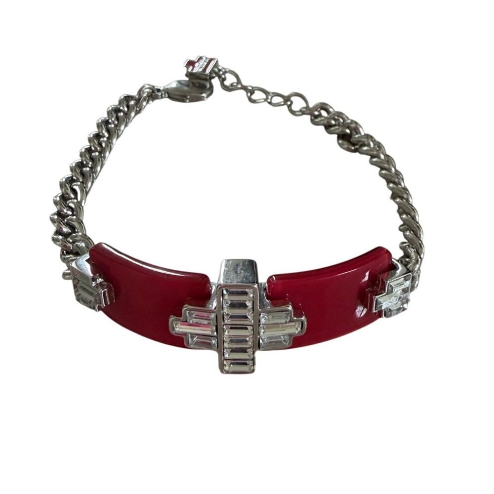 Lia Sophia Color Coded Art Deco Crystal Red Band Silver Tone Chain Link Bracelet